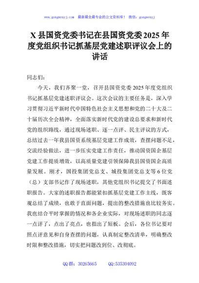 X县国资党委书记在县国资党委2025年度党组织书记抓基层党建述职评议会上的讲话