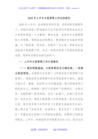 2025年上半年欠税管理工作总结报告
