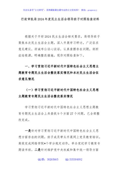 行政审批局2024年度民主生活会领导班子对照检查材料