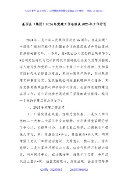 某国企（集团）2024年党建工作总结及2025年工作计划