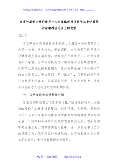 在审计局党组理论学习中心组集体学习习近平总书记重要讲话精神研讨会上的发言