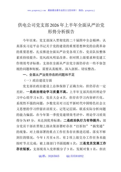 供电公司党支部2026年上半年全面从严治党形势分析报告
