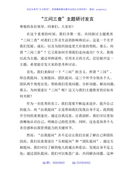 主题教育“三问三查”主题研讨发言