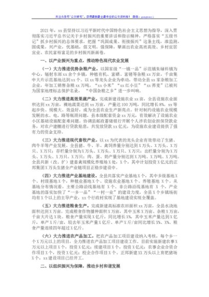 县2021推进乡村振兴战略进展情况报告