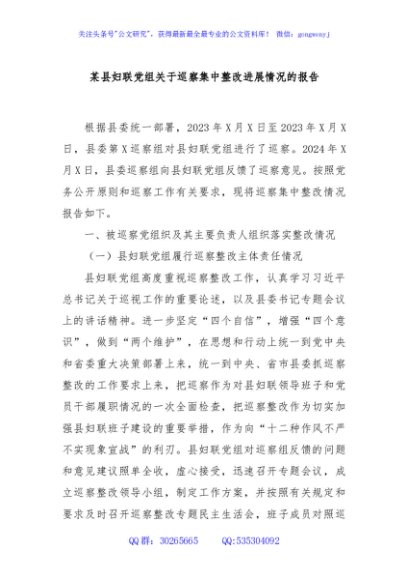 某县妇联党组关于巡察集中整改进展情况的报告