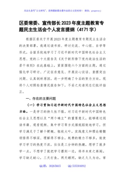  2023年主题教育民主生活会个人对照检查材料 宣传部长（践行宗旨等6个方面）