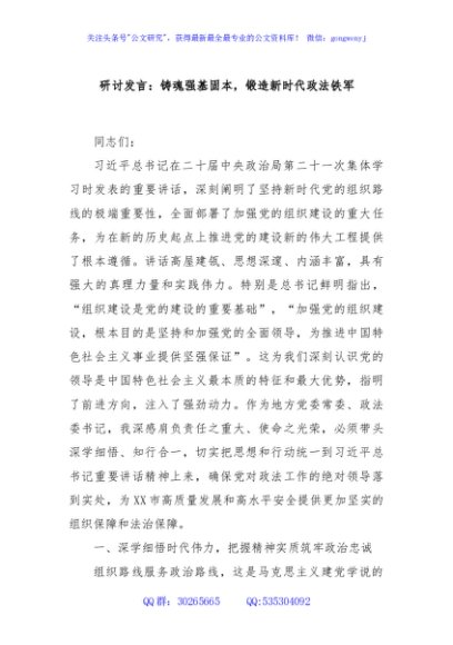 研讨发言：铸魂强基固本，锻造新时代政法铁军