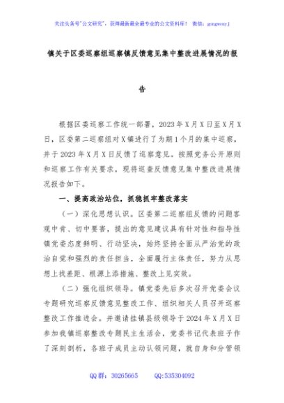 镇关于区委巡察组巡察镇反馈意见集中整改进展情况的报告
