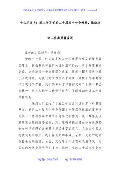 中心组发言：深入学习党的二十届三中全会精神，推动统计工作高质量发展