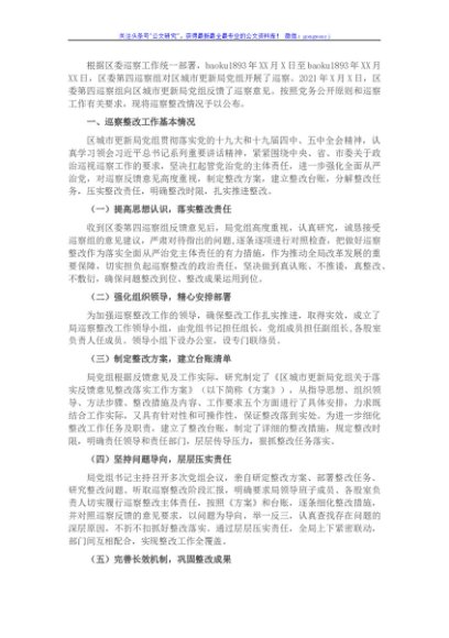 市X区城市更新局党组关于巡察整改阶段性进展情况的通报