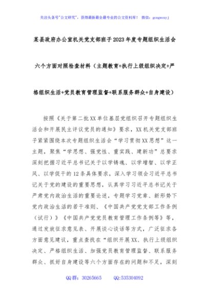 某县政府办公室机关党支部班子2023年度专题组织生活会六个方面对照检查材料（主题教育+执行上级组织决定+严格组织生活+党员教育管理监督+联系服务群众+自身建设）