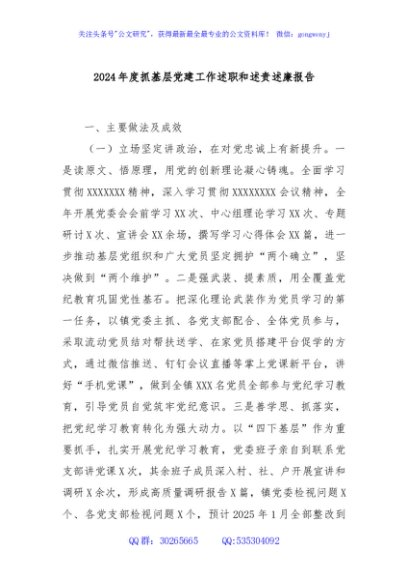 2024年度抓基层党建工作述职和述责述廉报告