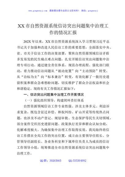 XX市自然资源系统信访突出问题集中治理工作的情况汇报