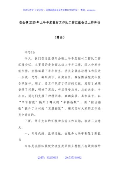 在全镇2025年上半年度驻村工作队工作汇报会议上的讲话（精品）