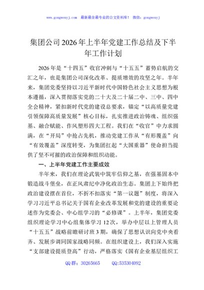 集团公司2026年上半年党建工作总结及下半年工作计划
