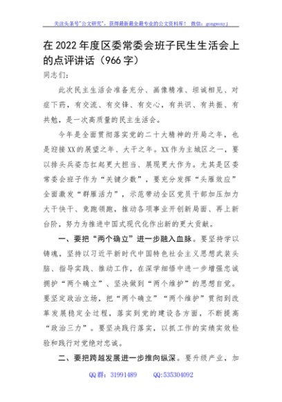 （会中）2022年度区委民主生活会上的点评讲话