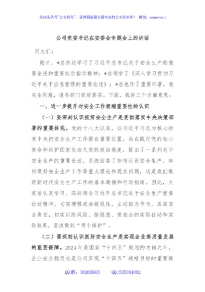 公司党委书记在安委会专题会上的讲话