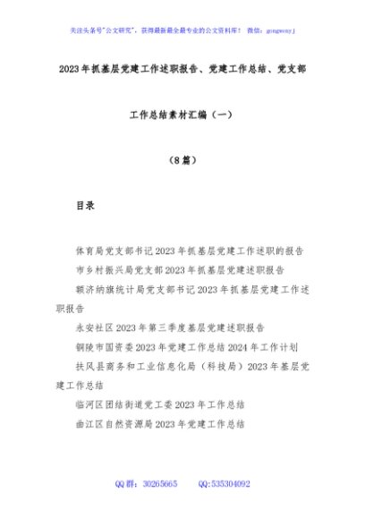 (8篇)2023年抓基层党建工作述职报告、党建工作总结、党支部工作总结素材汇编（一）