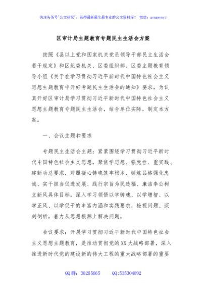 区审计局主题教育专题民主生活会方案