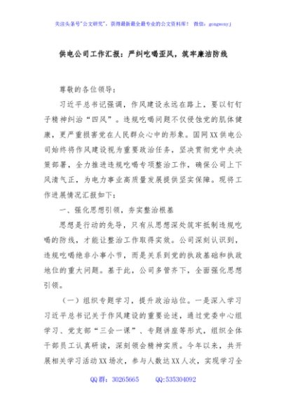 供电公司工作汇报：严纠吃喝歪风，筑牢廉洁防线