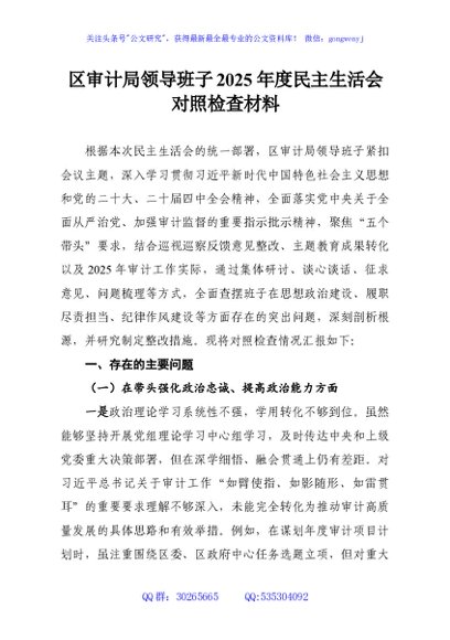 区审计局领导班子2025年度民主生活会对照检查材料