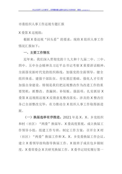 市委组织人事工作巡视专题汇报