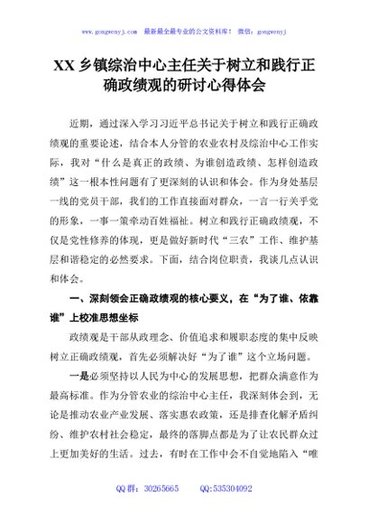 XX乡镇综治中心主任关于树立和践行正确政绩观的研讨心得体会