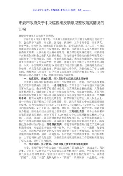 市委市政府关于中央巡视组反馈意见整改落实情况的汇报