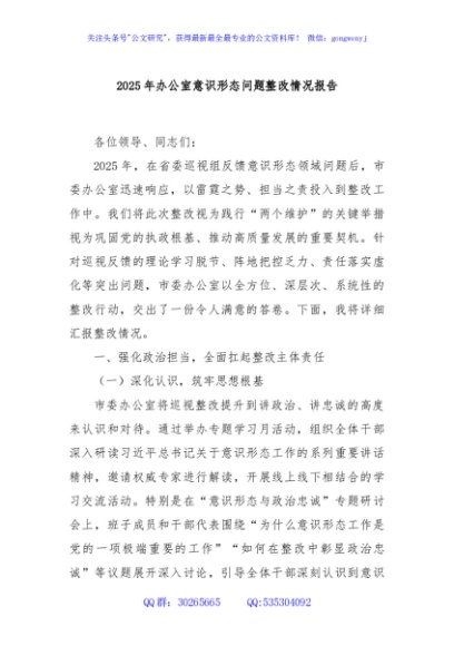 2025年办公室意识形态问题整改情况报告