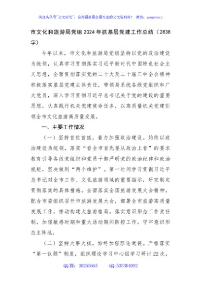 市文化和旅游局党组2024年抓基层党建工作总结（2838字）