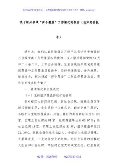 关于新兴领域“两个覆盖”工作情况的报告（地方党委报告）
