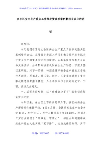 在全区安全生产重点工作推进暨典型案例警示会议上的讲话
