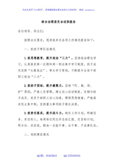 综合治理委员会述职报告