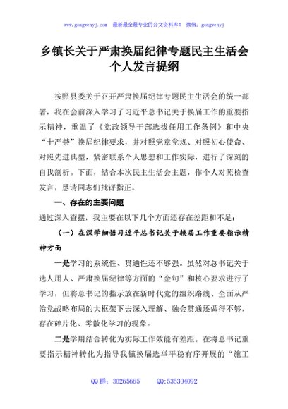 乡镇长关于严肃换届纪律专题民主生活会个人发言提纲