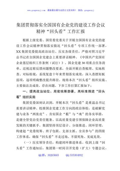 集团贯彻落实全国国有企业党的建设工作会议精神“回头看”工作汇报