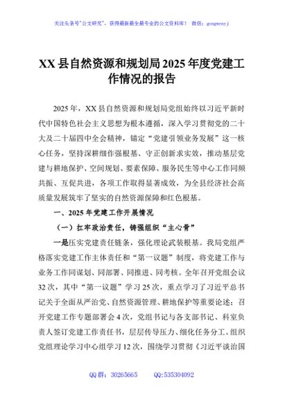 XX县自然资源和规划局2025年度党建工作情况的报告