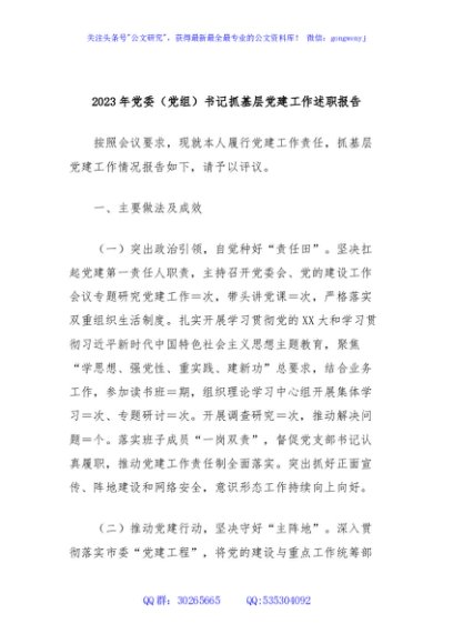 2023年党委（党组）书记抓基层党建工作述职报告