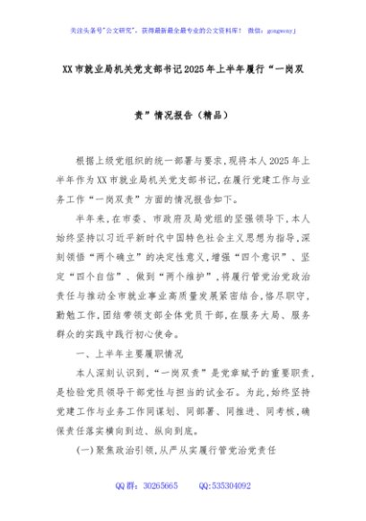 XX市就业局机关党支部书记2025年上半年履行“一岗双责”情况报告（精品）