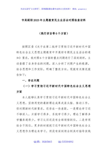 市局副职2023年主题教育民主生活会对照检查材料（践行宗旨等6个方面）