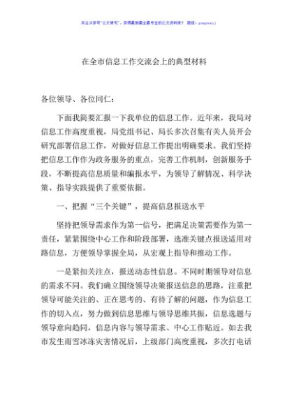在全市信息工作交流会上的典型材料