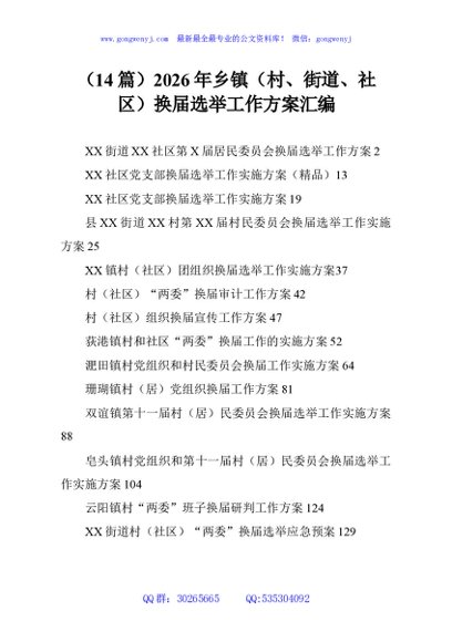 （14篇）2026年乡镇（村、街道、社区）换届选举工作方案汇编