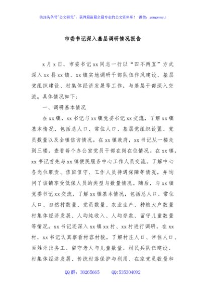市委书记深入基层调研情况报告
