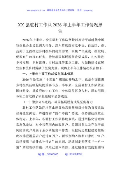 XX县驻村工作队2026年上半年工作情况报告