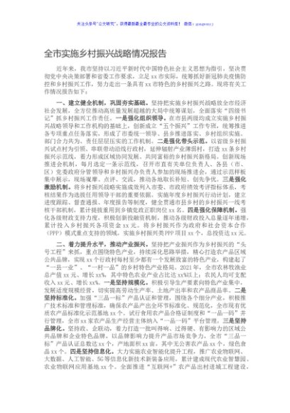 全市实施乡村振兴战略情况报告