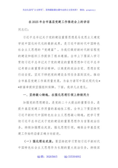 在2025年全市基层党建工作推进会上的讲话