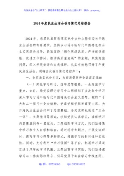 2024年度民主生活会召开情况总结报告