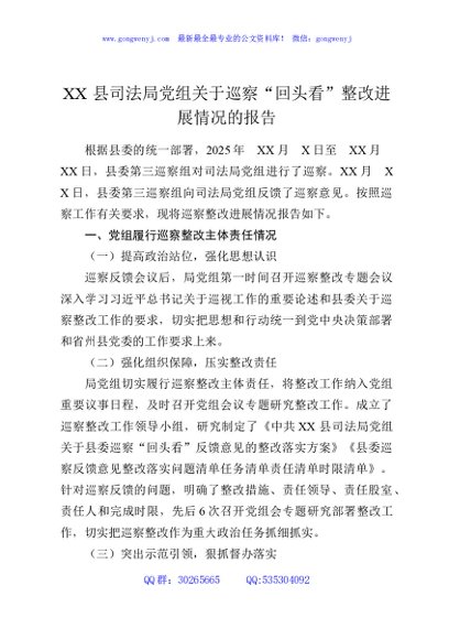XX县司法局党组关于巡察“回头看”整改进展情况的报告