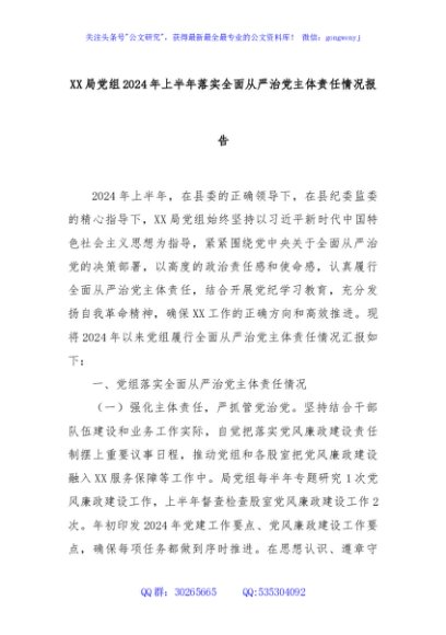 XX局党组2024年上半年落实全面从严治党主体责任情况报告