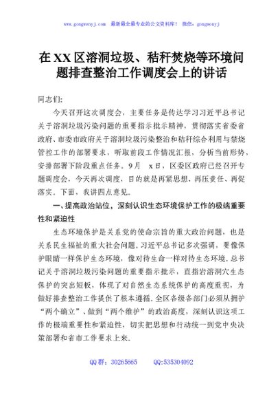 在XX区溶洞垃圾、秸秆焚烧等环境问题排查整治工作调度会上的讲话