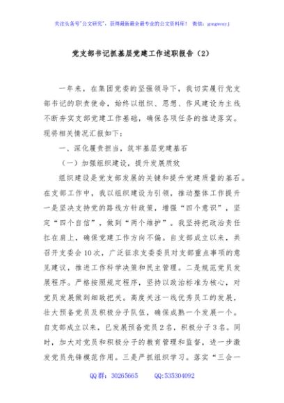 党支部书记抓基层党建工作述职报告（2）